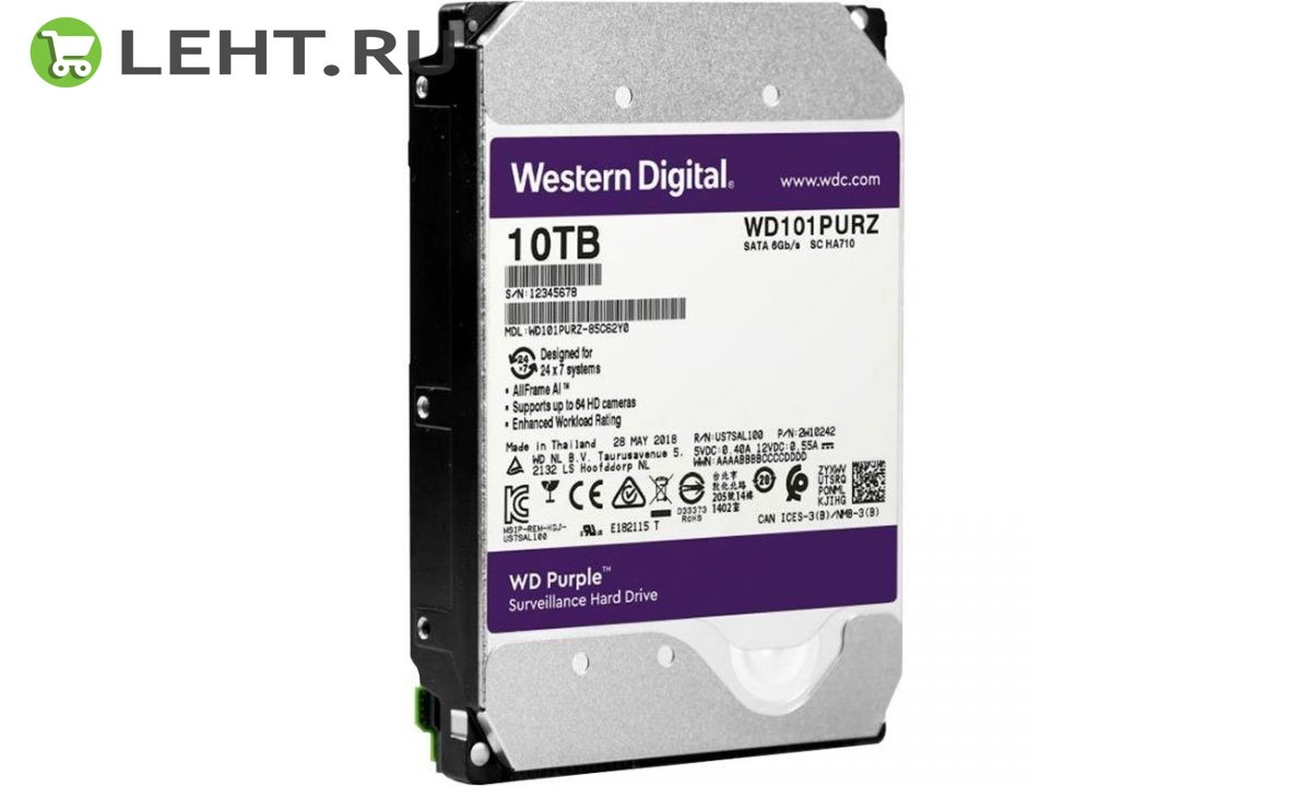 HDD 10000 GB (10 TB) SATA-III Purple (WD101PURZ): Жесткий диск (HDD) для видеонаблюдения