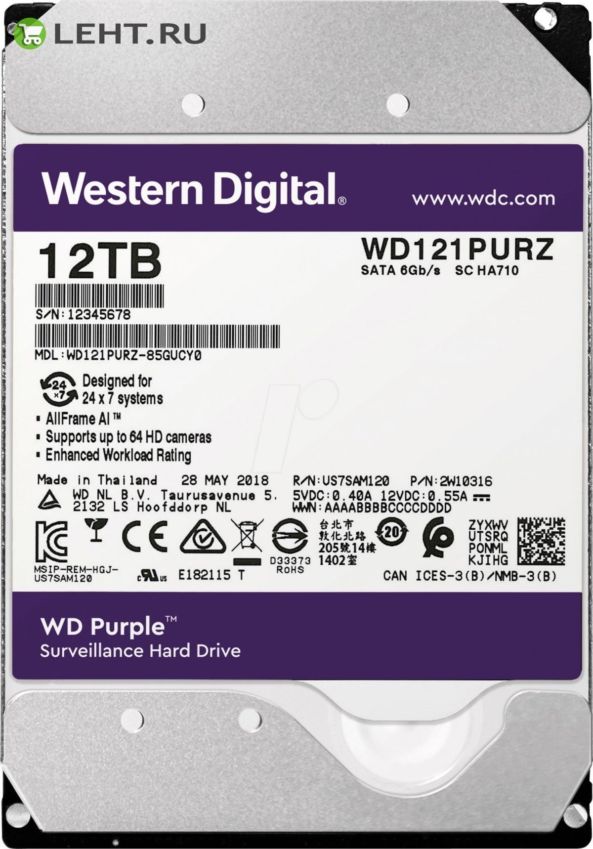 HDD 12000 GB (12 TB) SATA-III Purple (WD121PURZ): Жесткий диск (HDD) для видеонаблюдения