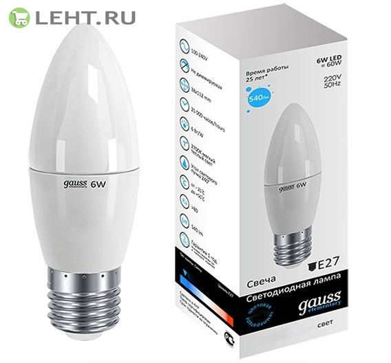 Лампа Gauss LED Elementary Свеча 6W E27 450lm 4100K