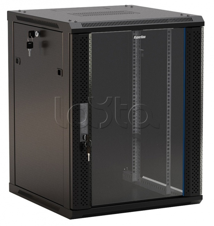 Шкаф настенный 19", 9U, 500x600х600 мм, стеклянная дверь с перфорацией по бокам, ручка с замком Hyperline TWB-0966-GP-RAL9004